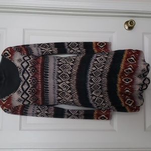 Bo Bel Aztec print dress. Skirt is lined, back is low v, Chunky Metal Zipper